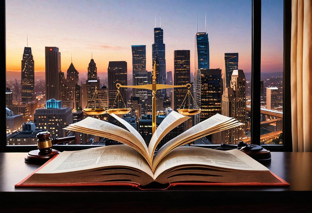 An open law book with a modern city skyline in the background, showcasing diverse legal professionals engaged in discussions. Incorporate symbols of justice like a gavel and scales balanced above the book. Use a mix of vibrant colors to represent the dynamic nature of legal practices today. super-realistic. vibrant colors. cityscape background.