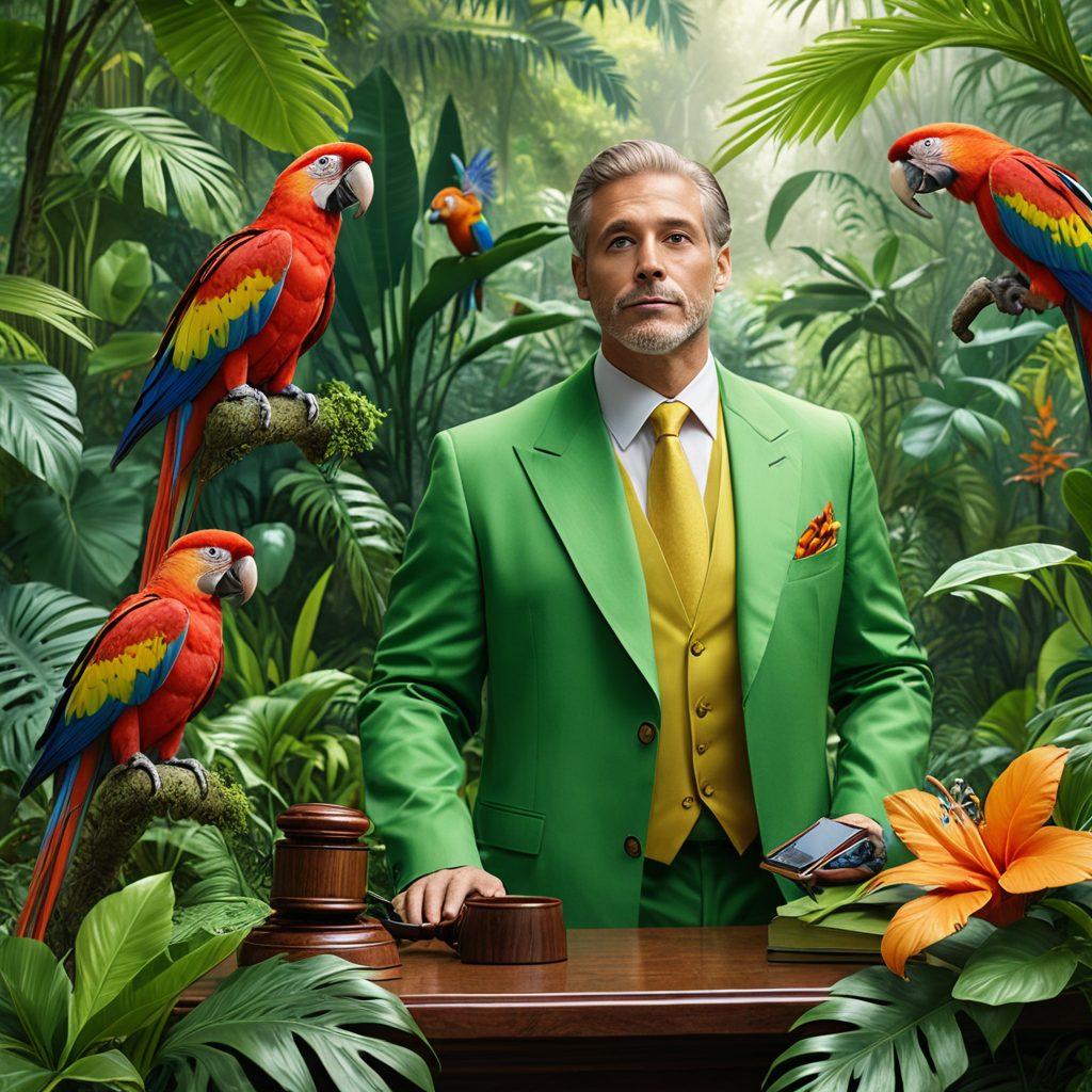 A dynamic scene portraying a lawyer in a jungle setting, blending traditional legal symbols like a gavel and scales of justice with wild animals and vibrant flora. The lawyer appears confident and adventurous, embodying the idea of embracing the wild side of law. Elements of modernity should be subtly integrated, like high-tech gadgets, indicating the evolution of legal perspectives. Surrounding this main figure are vivid colors and lively wildlife, capturing a sense of energy and transformation. super-realistic. vibrant colors. jungle background.