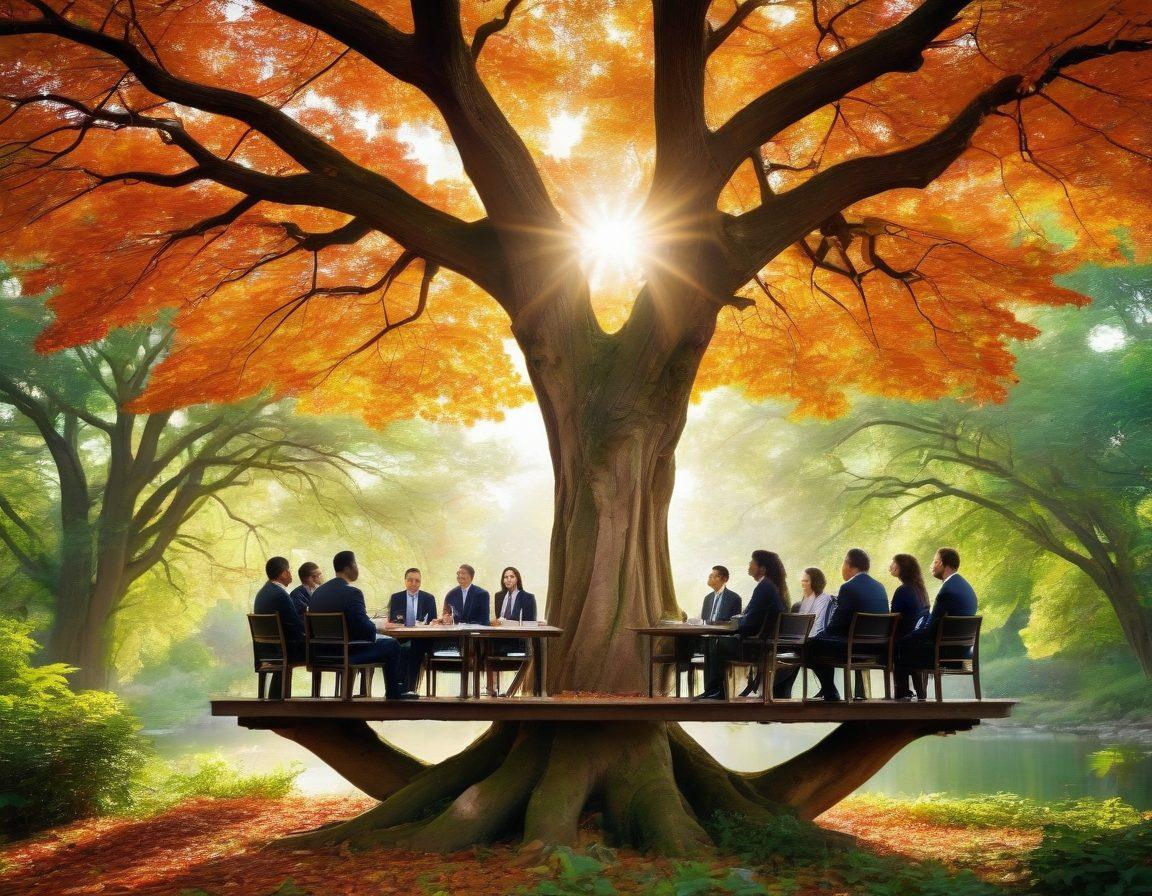 A diverse group of legal professionals engaged in a lively discussion outdoors, surrounded by nature, symbolizing transformation and growth in legal perspectives. Include a large tree representing knowledge, with leaves shaped like legal symbols (scales, gavel). Capture a bright, optimistic atmosphere, showcasing multicultural representation. super-realistic. vibrant colors. soft focus.
